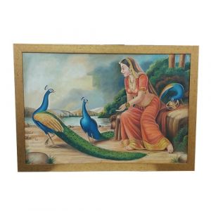Rajput Princess Feeding Peacocks Painting