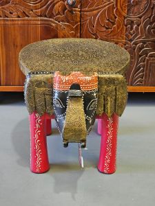 15 Inch Brass Fitted Wooden Elephant Stool (Red Legs)