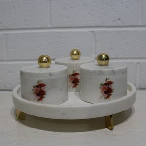 Round Marble Tray with 3 Jars Set