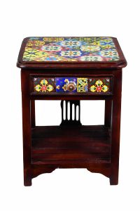 Tile-Fitted Side Table with 1 Drawer