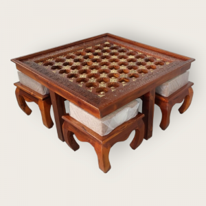 Wooden Coffee Table with Four OPM Stools (Assorted Colours)