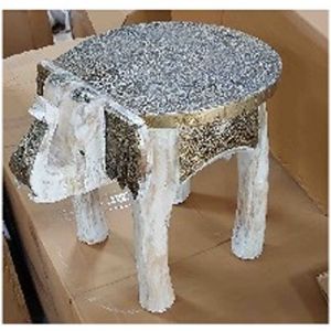 18 Inch Brass Fitted Wooden Elephant Stool (White)