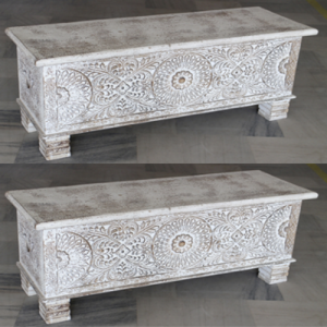 Wooden White Wash Carved Box