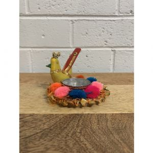 Handicraft Peacock T-light Holder (Assorted Designs)-Yellow with Red Tail