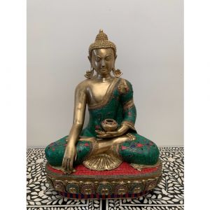 Big Brass Buddha with Green and Red Stones