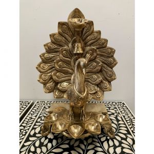 Brass Peacock 5 Diyas with Bell