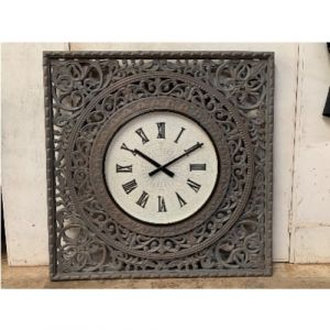 Wooden Hand Carving Clock in Grey Distress Finish
