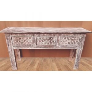 Hand Carved White-Wash Console Table with 3 drawers 