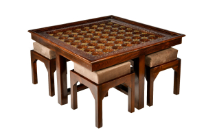 Wooden Coffee Table with Four Stools-Straight-Walnut