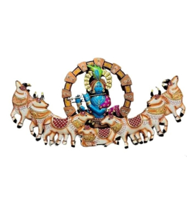 Iron Krishna Playing Basuri With Cow