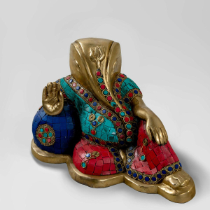 Stone Fitted Brass Resting Ganesha