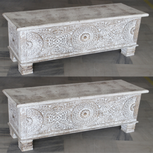 Wooden White Wash Carved Box