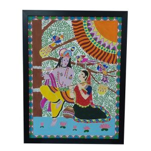 Madhubani Painting Radha Krishna Playing the Flute