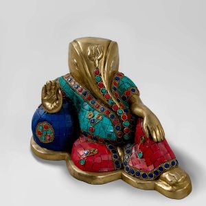 Stone Fitted Brass Resting Ganesha 