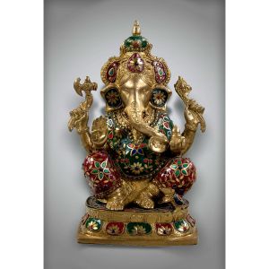 Stone Fitted Brass Ganesha on Square Chowki