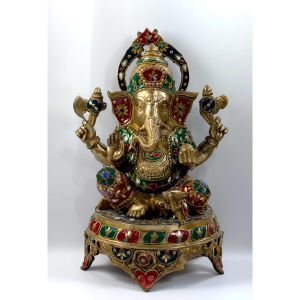 Stone Fitted Brass Ganesha on Round Chowki