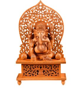 Wooden Ganesh Sitting On Singhashan