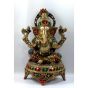 Stone Fitted Brass Ganesha on Round Chowki