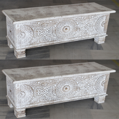 Wooden White Wash Carved Box