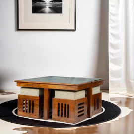 Wooden Coffee Table with Four Stools